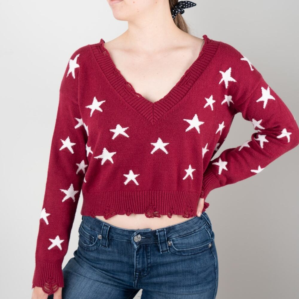 Wild Honey Star Pattern V-Neck Sweater Pullover Long Sleeve Distressed Hem Crop